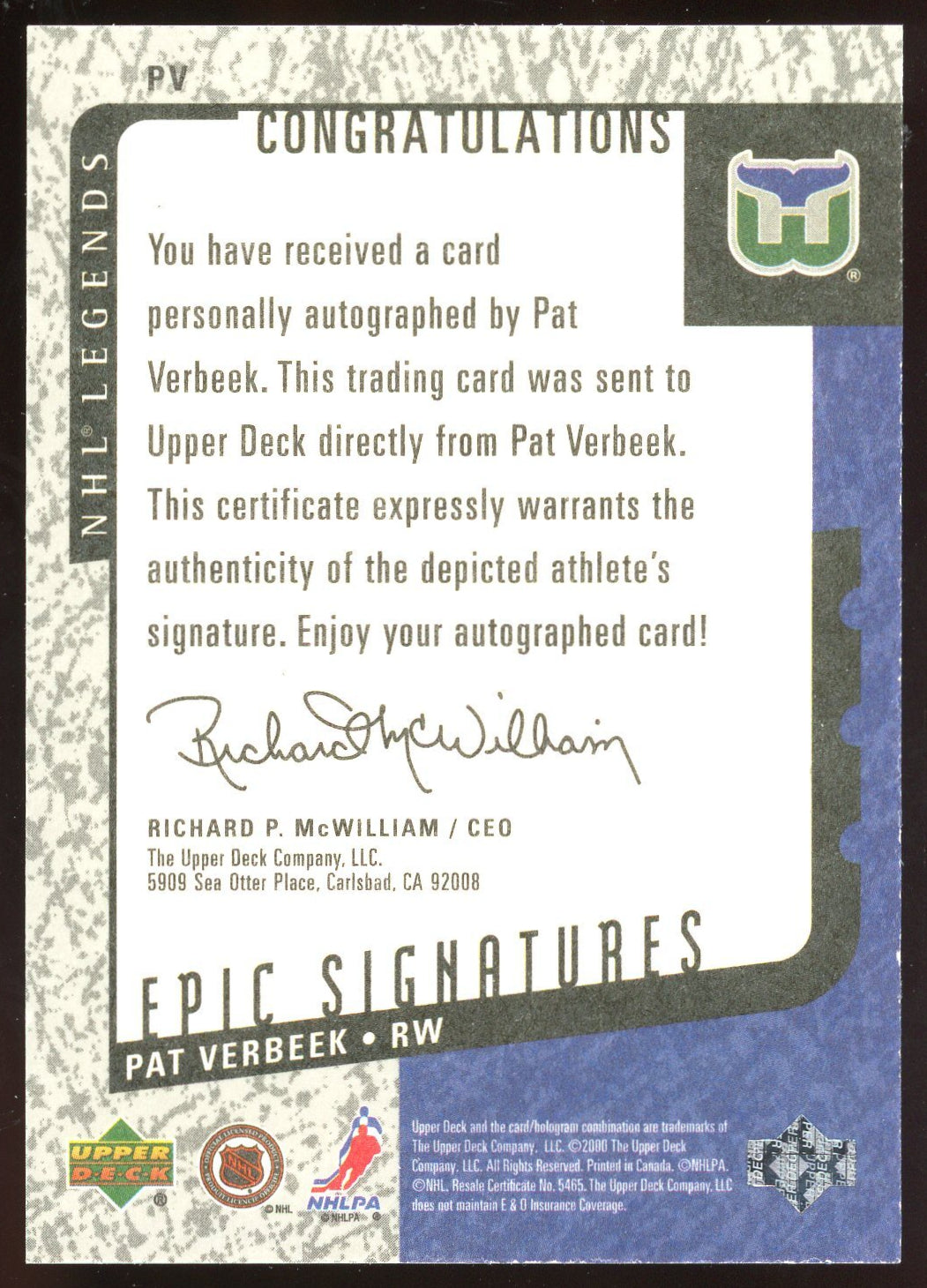 2000 Upper Deck Legends Pat Verbeek Epic Auto #PV