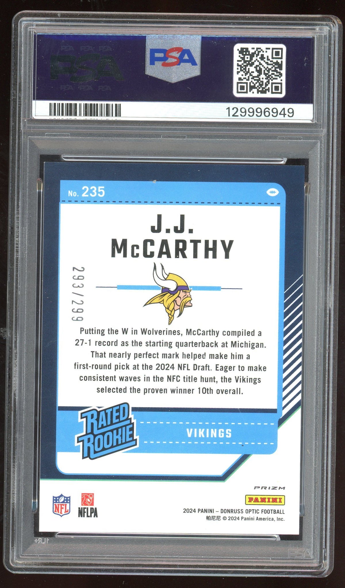 TEST - 4 Panini Donruss Optic J.J. McCarthy Rated Rookie Aqua #235 PSA 8