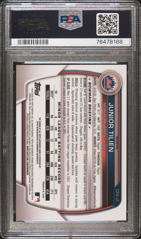 2023 Bowman Chrome Prospect Autographs Junior Tilien Chr Pros Auto-Refractor Psa